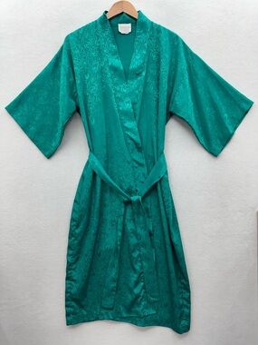 California Dynasty Women’s Medium Green Satin Floral Jacquard Robe USA